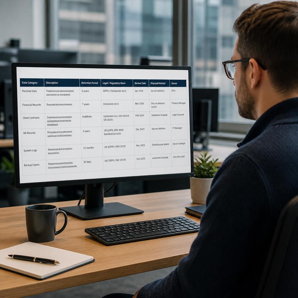 Backup retention schedule showing data categories, review dates and disposal rules