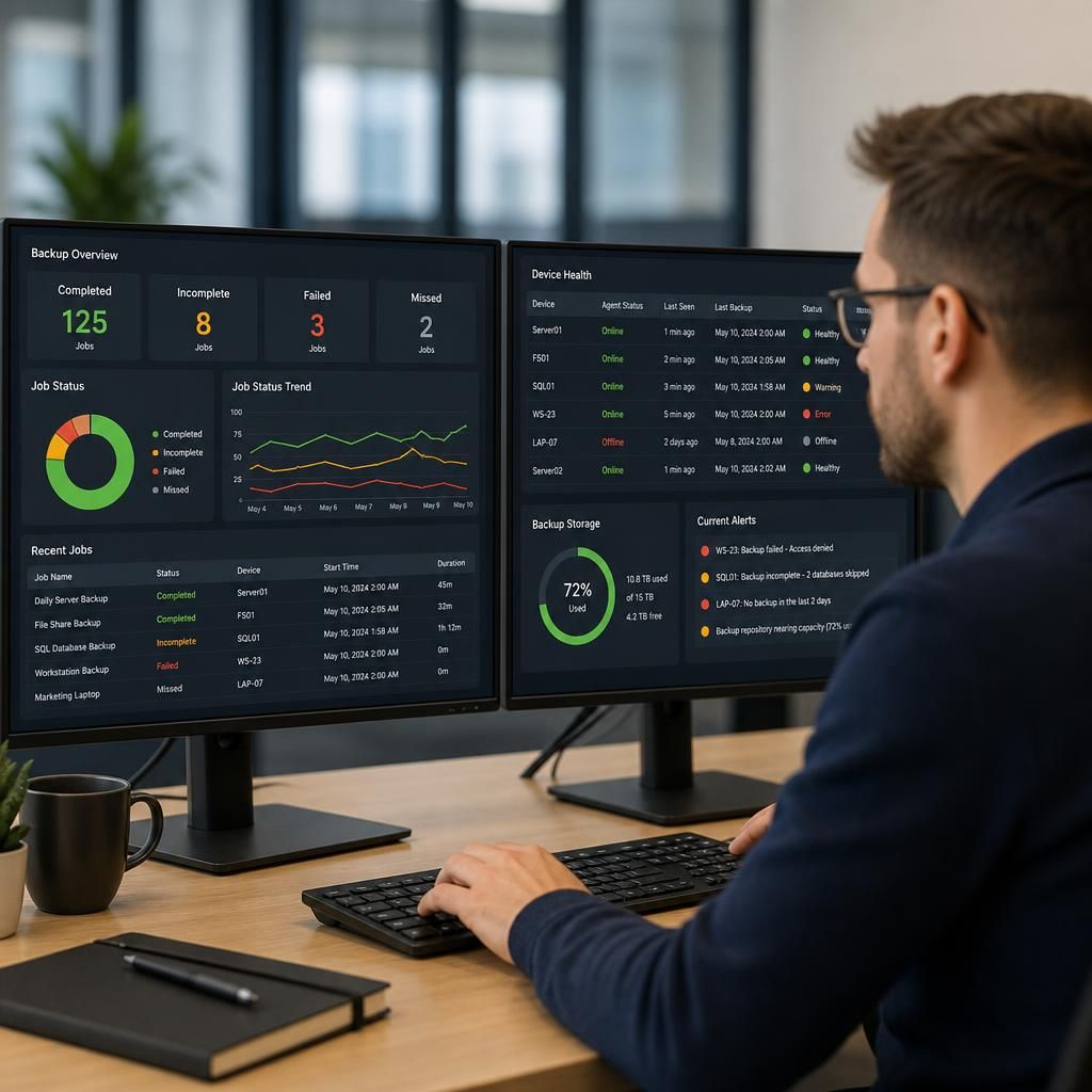 Backup monitoring dashboard showing completed, incomplete and failed job statuses