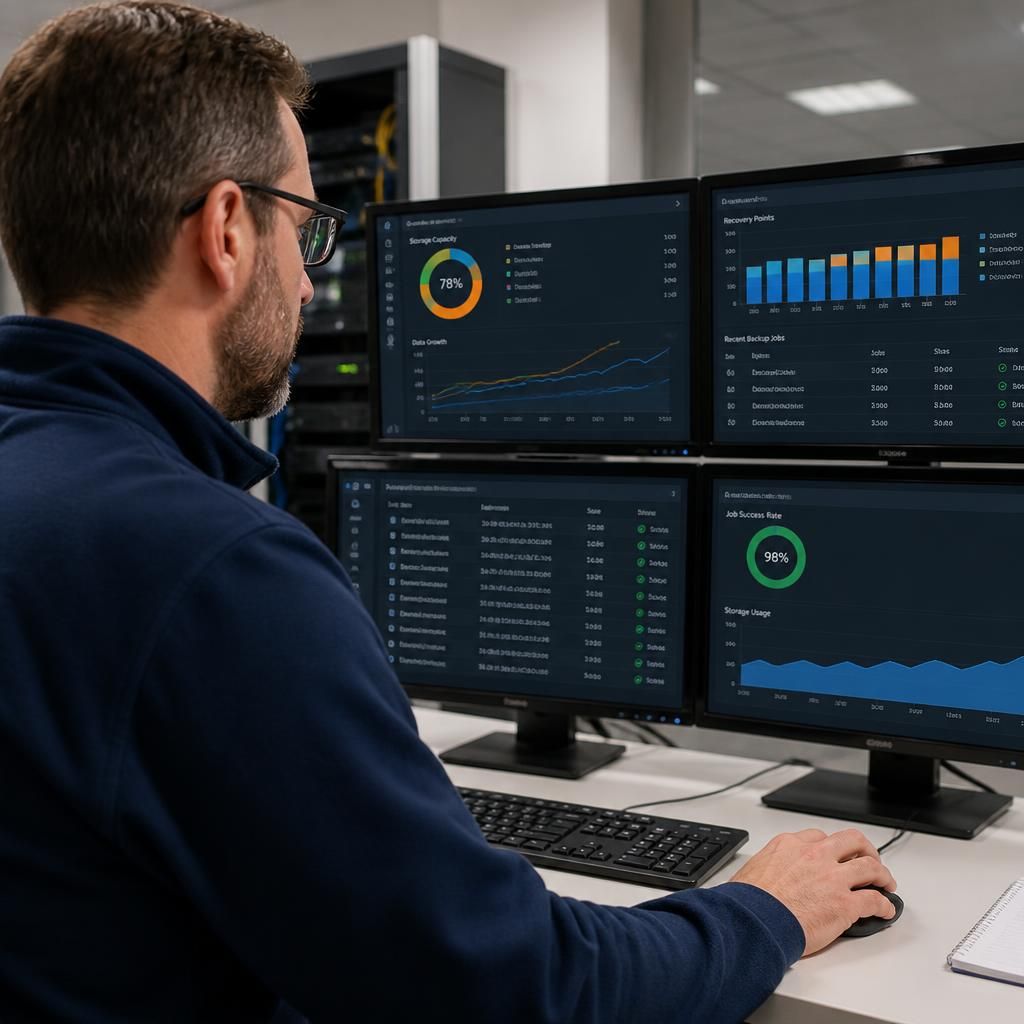 Backup administrator reviewing storage capacity and recovery point data on a monitoring dashboard