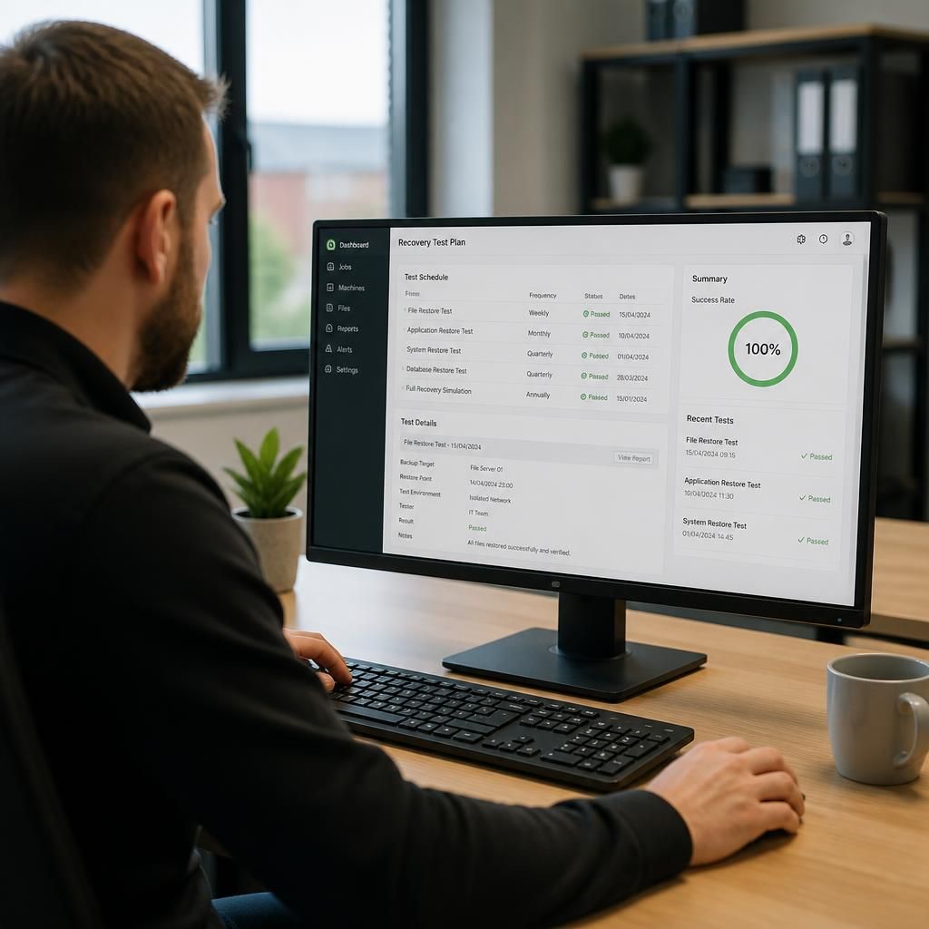 Technician reviewing a managed backup recovery test plan on a computer screen