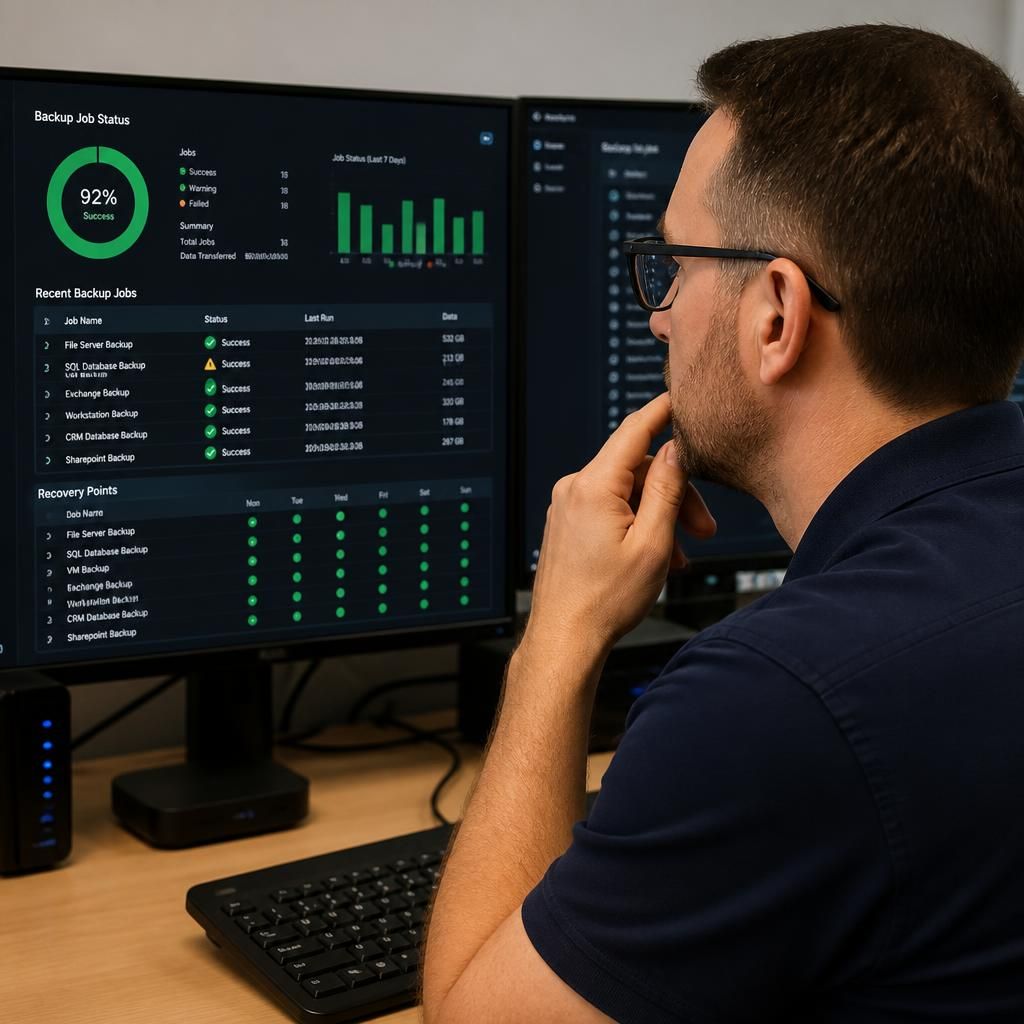 Technician reviewing backup job status and recovery points on a monitoring dashboard