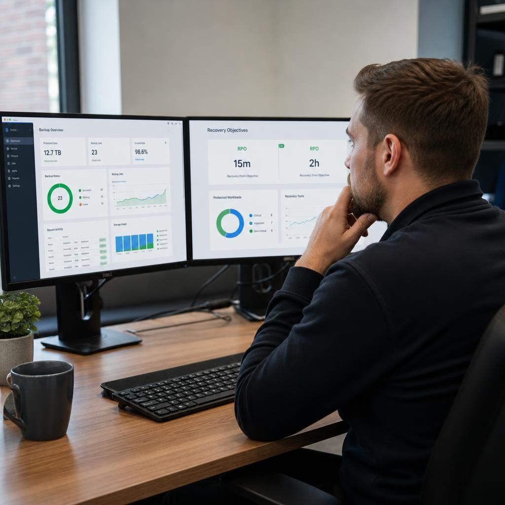 Technician reviewing backup recovery objectives on a computer dashboard