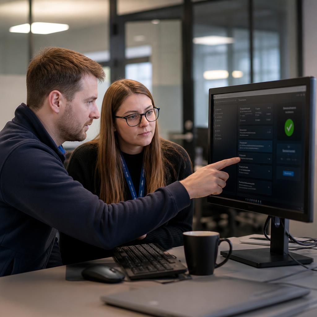 IT specialist reviewing backup settings on a computer with a colleague