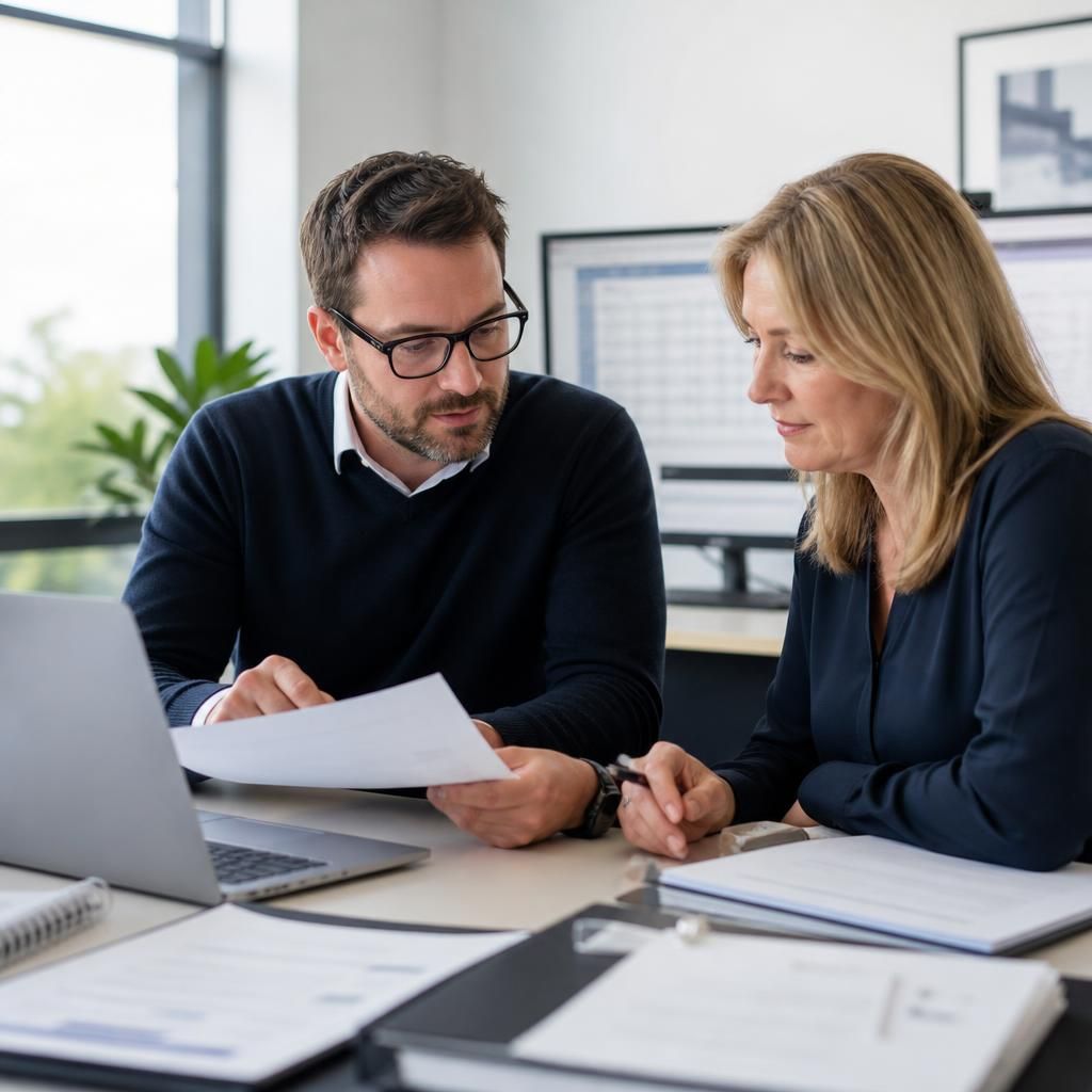 Professional services team reviewing business documents and IT systems