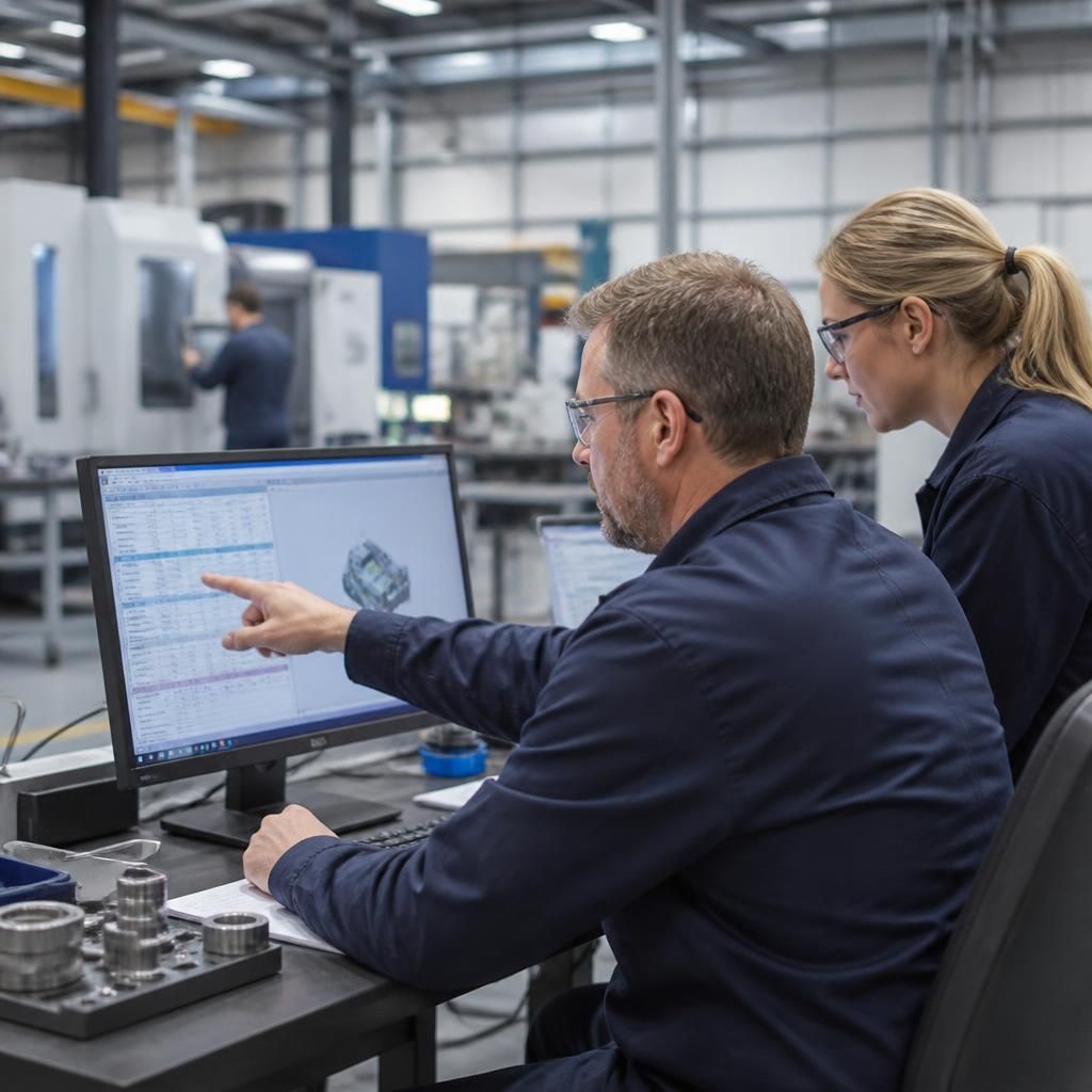 Manufacturing staff monitoring production information on a workplace computer