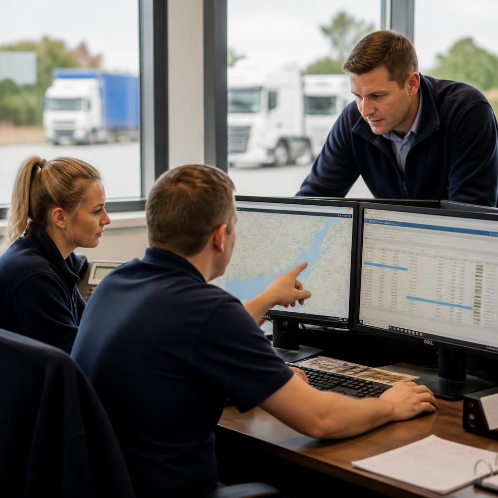 Logistics team reviewing transport and scheduling information in an office