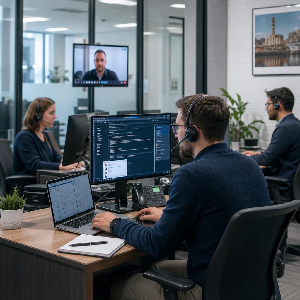 Staff from a multi-site organisation collaborating across offices using computers