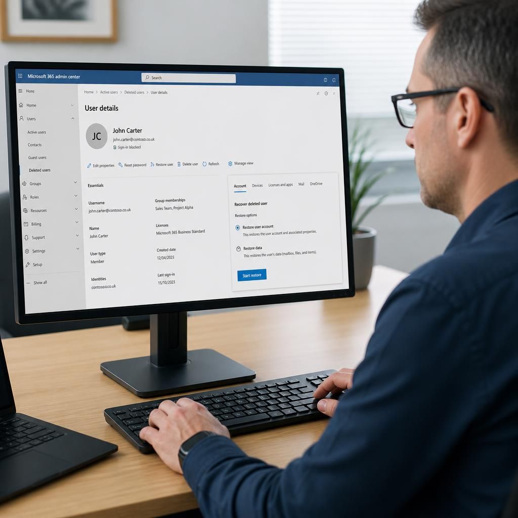 Administrator reviewing a Microsoft 365 user account and recovery settings on a computer screen