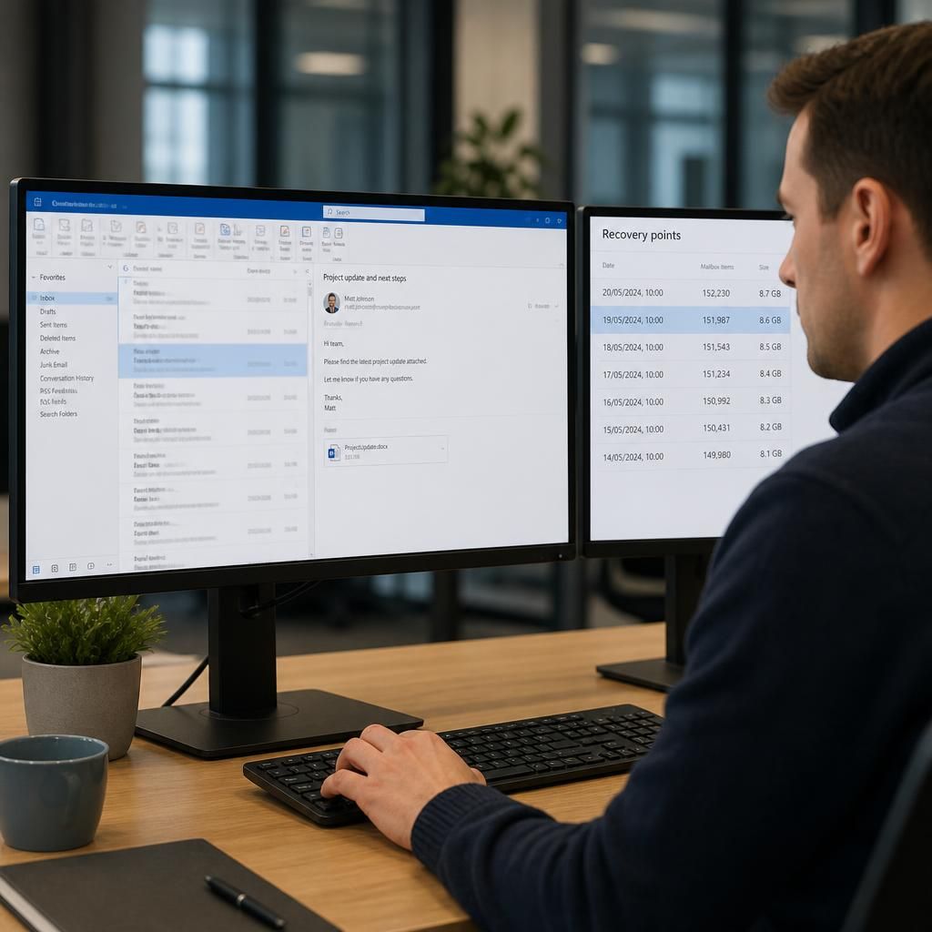 Microsoft 365 mailbox showing a selected email and recovery point