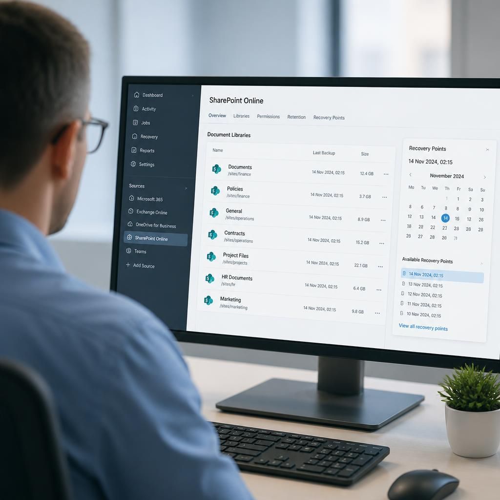 SharePoint document libraries and files displayed in a backup management console