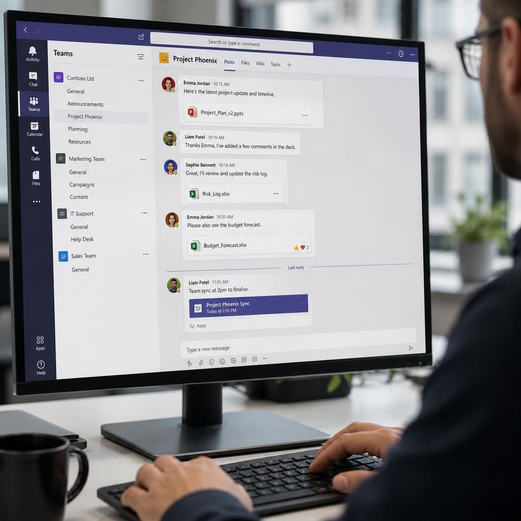 Microsoft Teams chat messages, channel replies and shared files displayed on screen