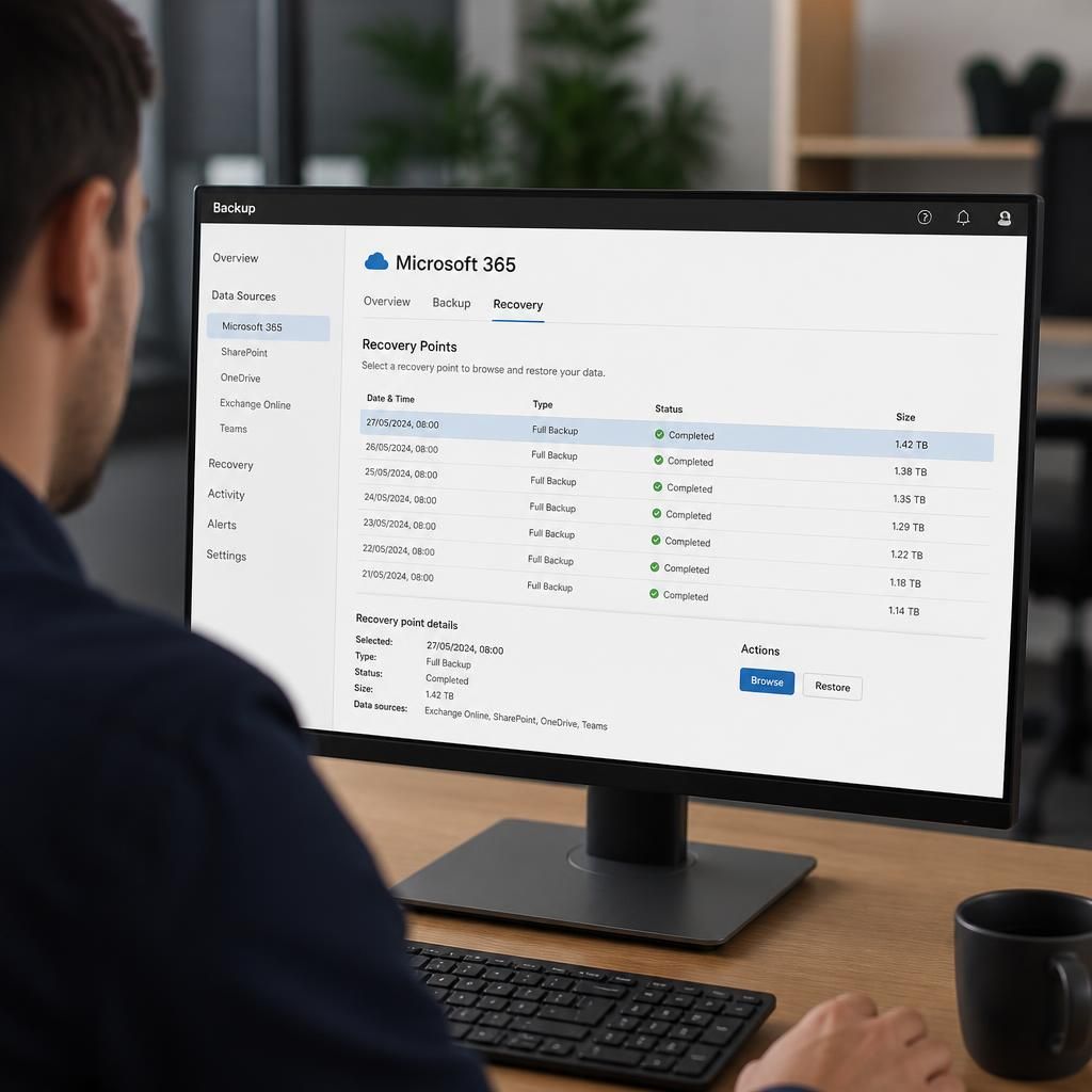 Microsoft 365 backup console showing recovery points for business files