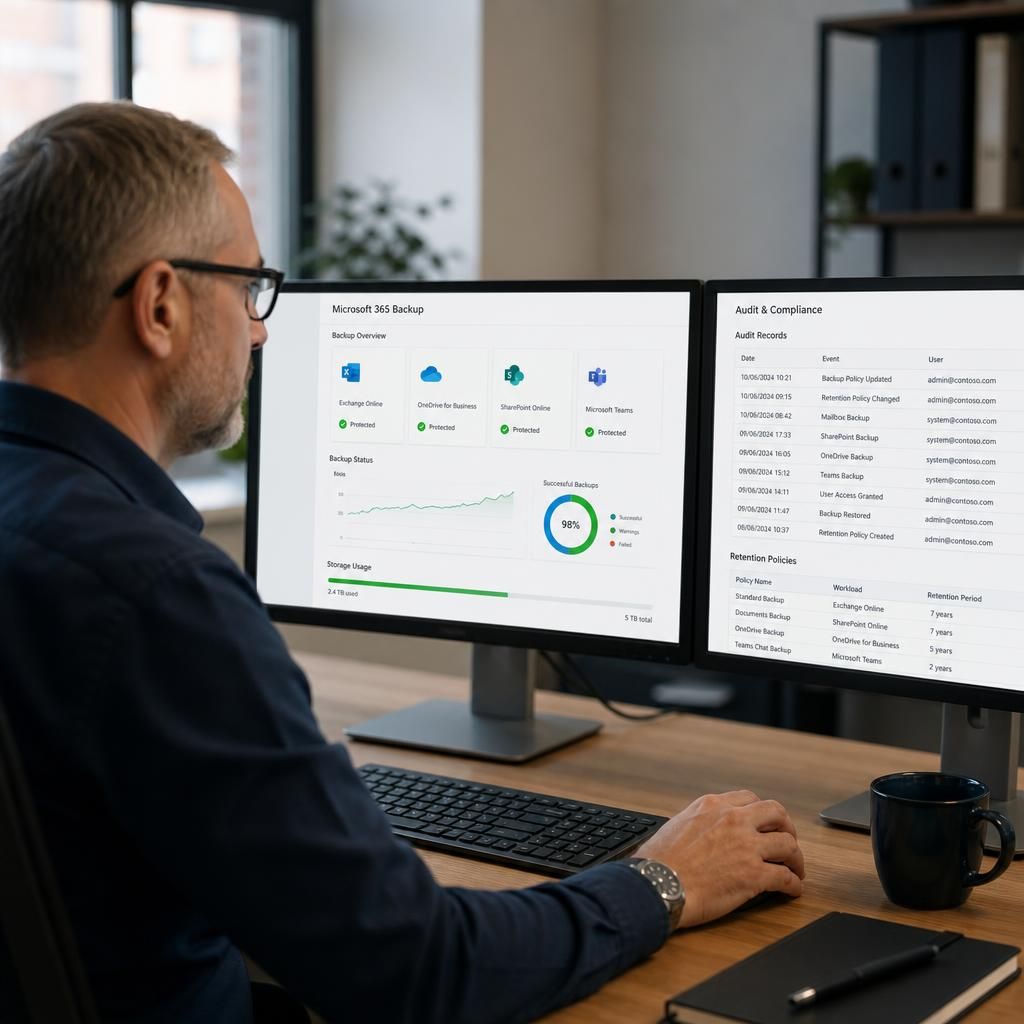 Administrator reviewing Microsoft 365 backup retention settings and audit records