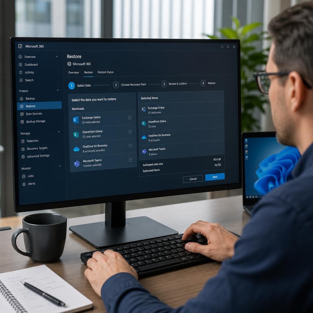 Microsoft 365 backup console showing a test recovery and selected business data