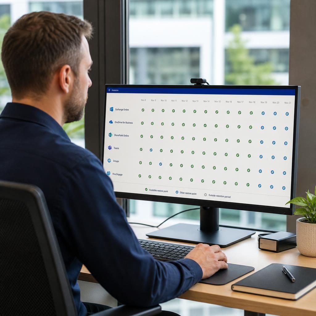 Microsoft 365 backup retention schedule showing restore points across different dates