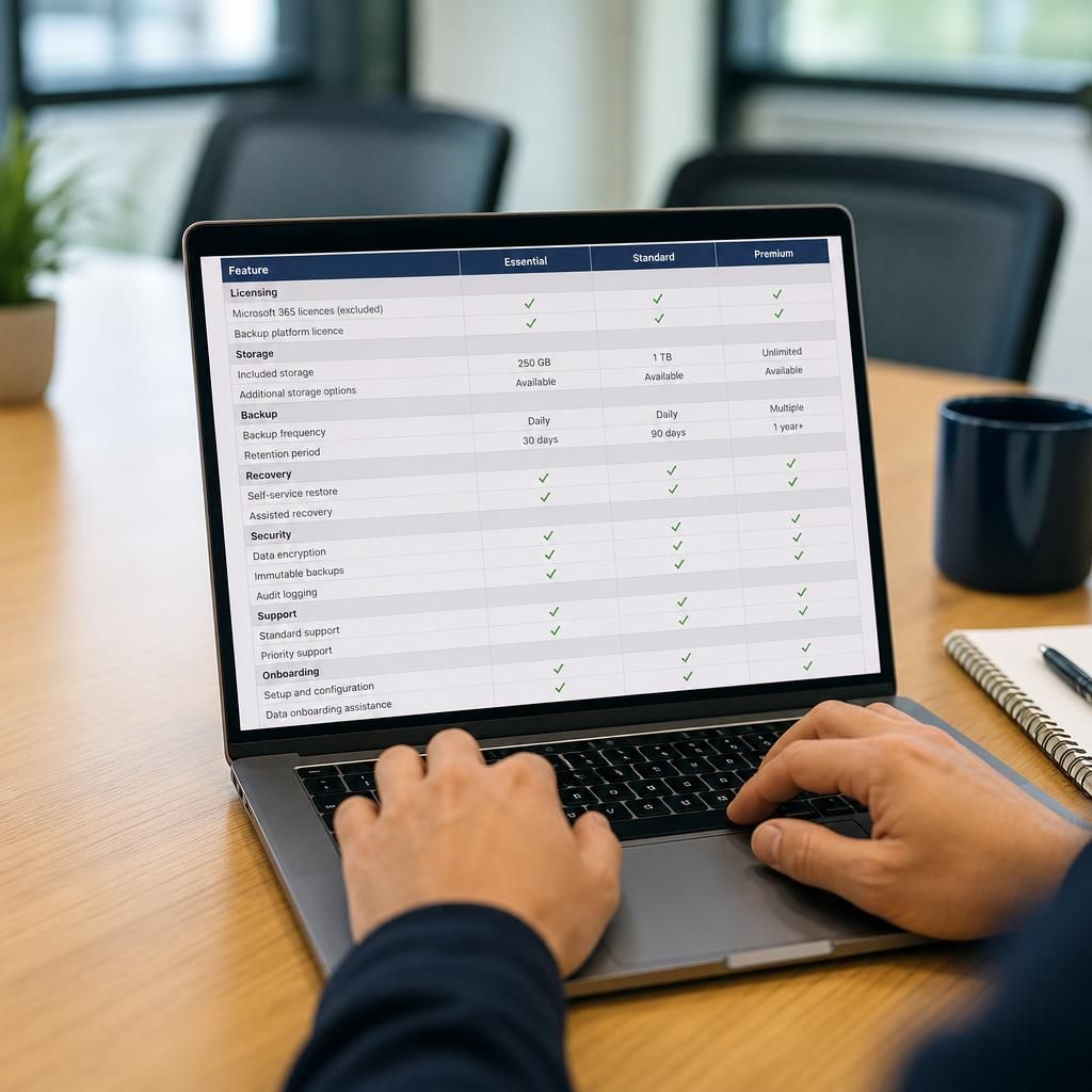 Microsoft 365 backup pricing table showing licences, storage and recovery options
