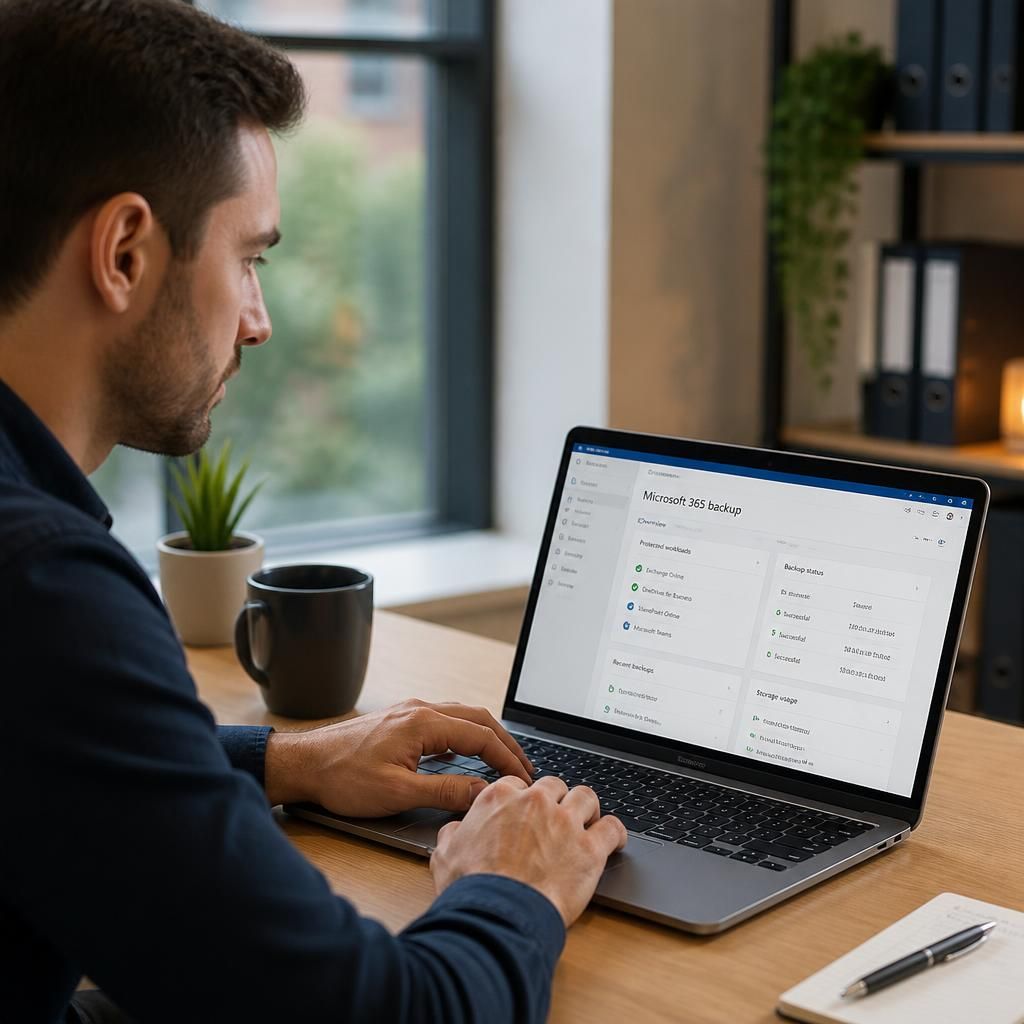 IT specialist reviewing Microsoft 365 backup settings on a laptop