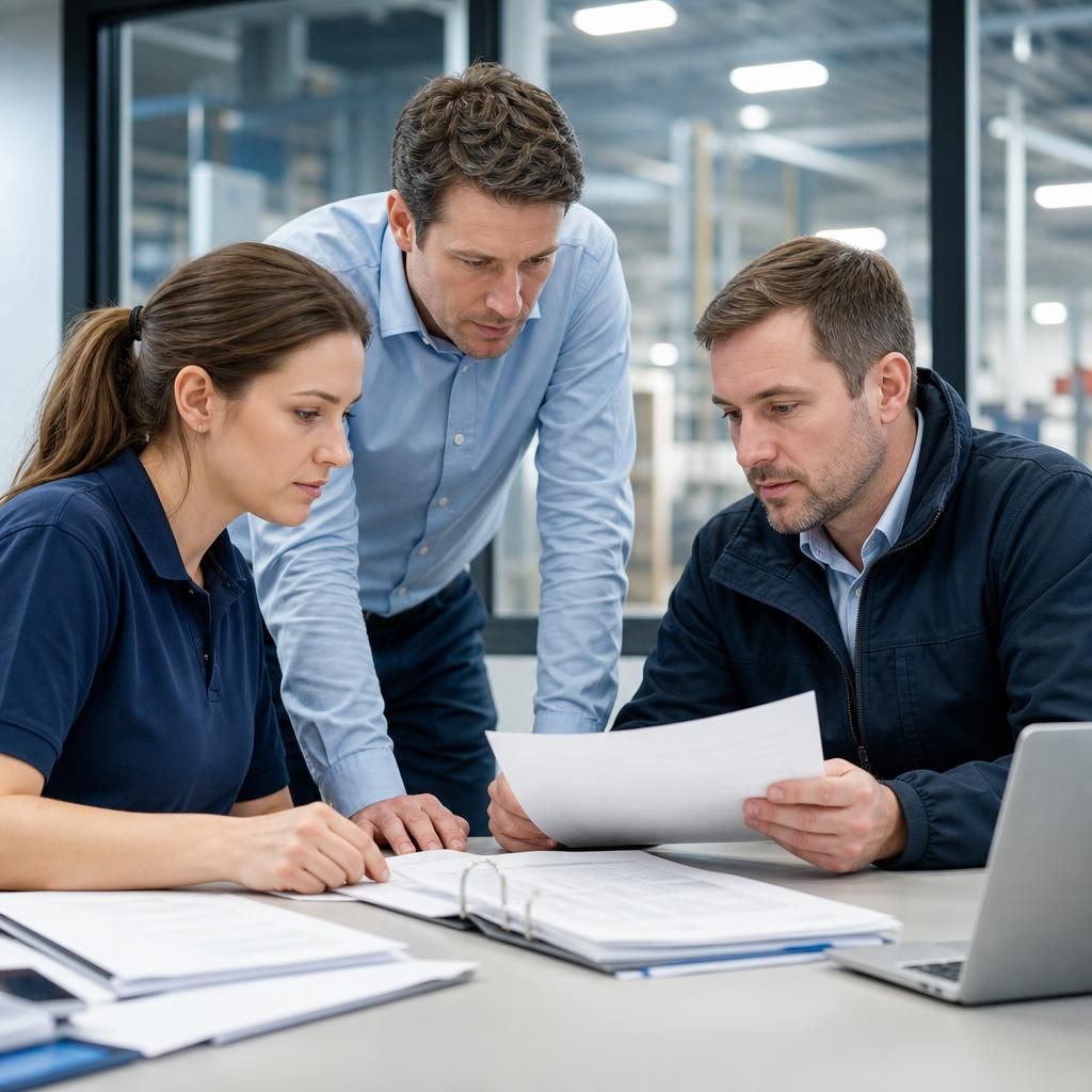 Manufacturing team reviewing operational documents in an office