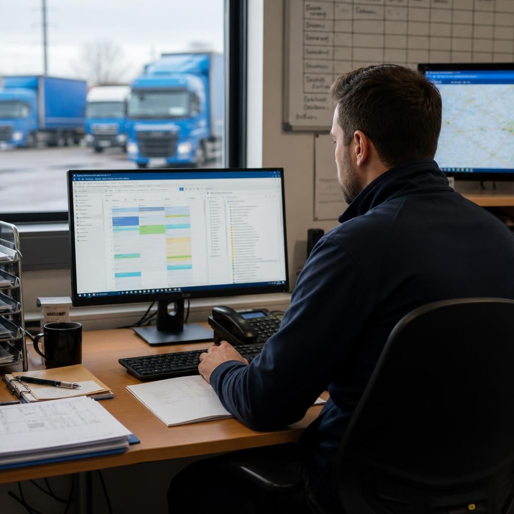 Logistics staff checking schedules and files on a desktop computer