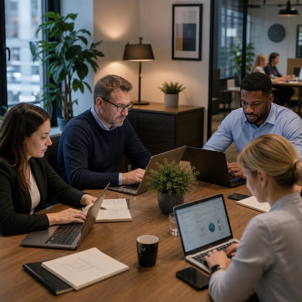 Team members working across connected business locations