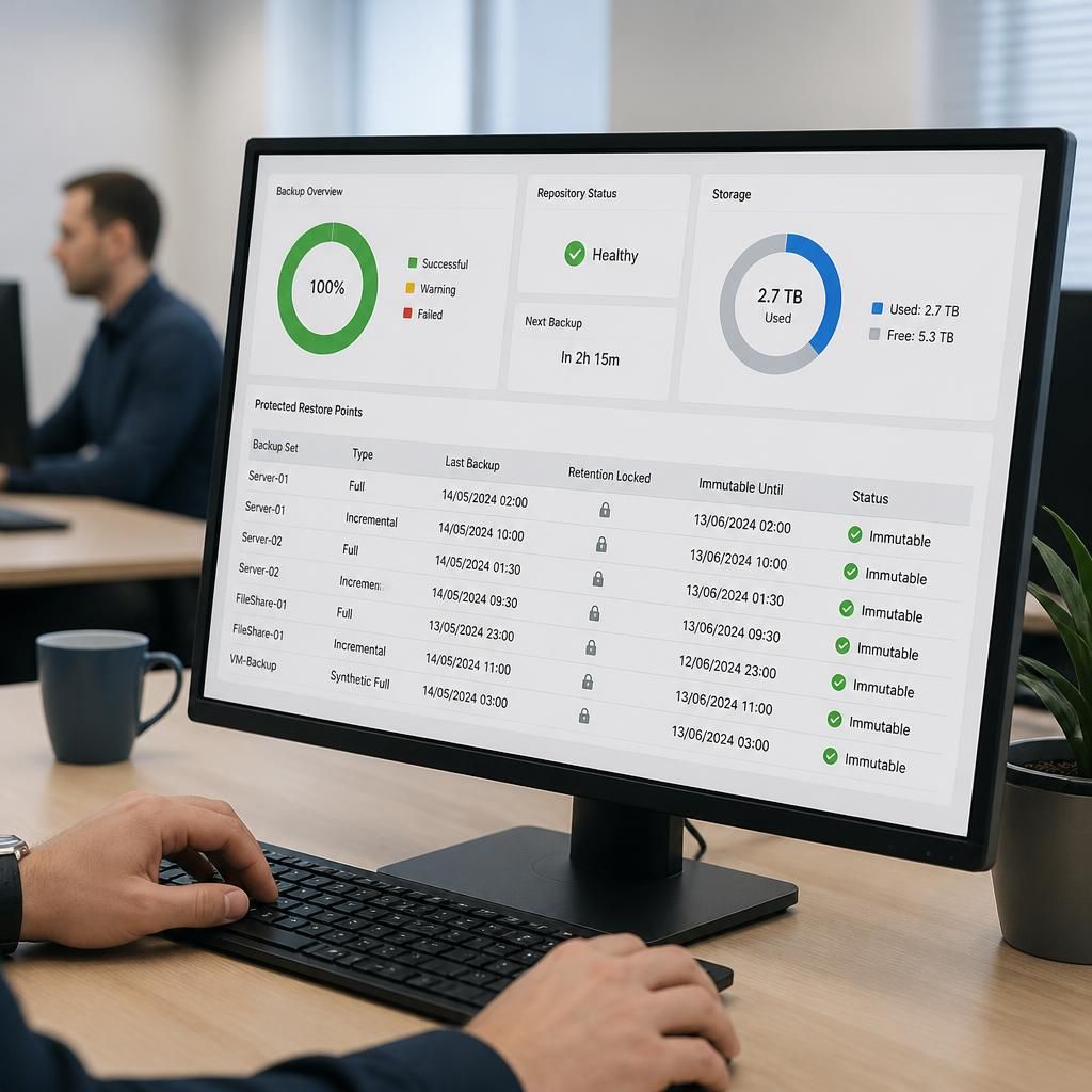 Backup storage dashboard showing locked retention settings and protected restore points