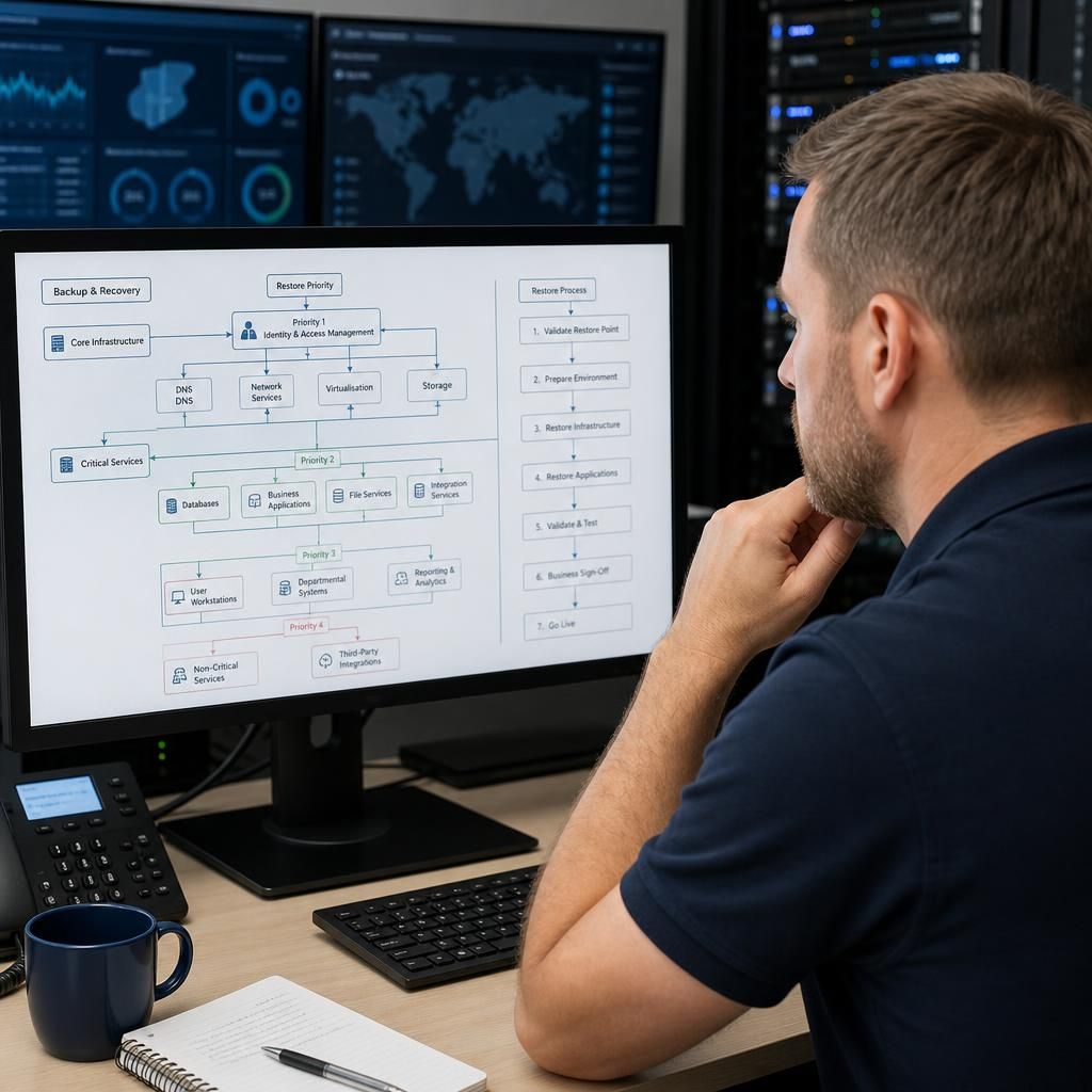 Technician reviewing a backup recovery plan showing system dependencies and restore priorities