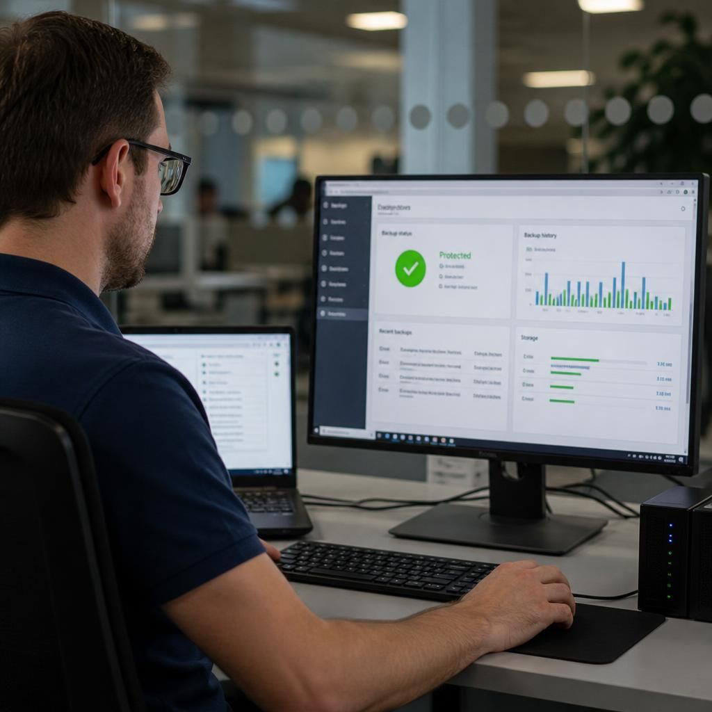 Technician reviewing backup status for a remote office on a computer screen