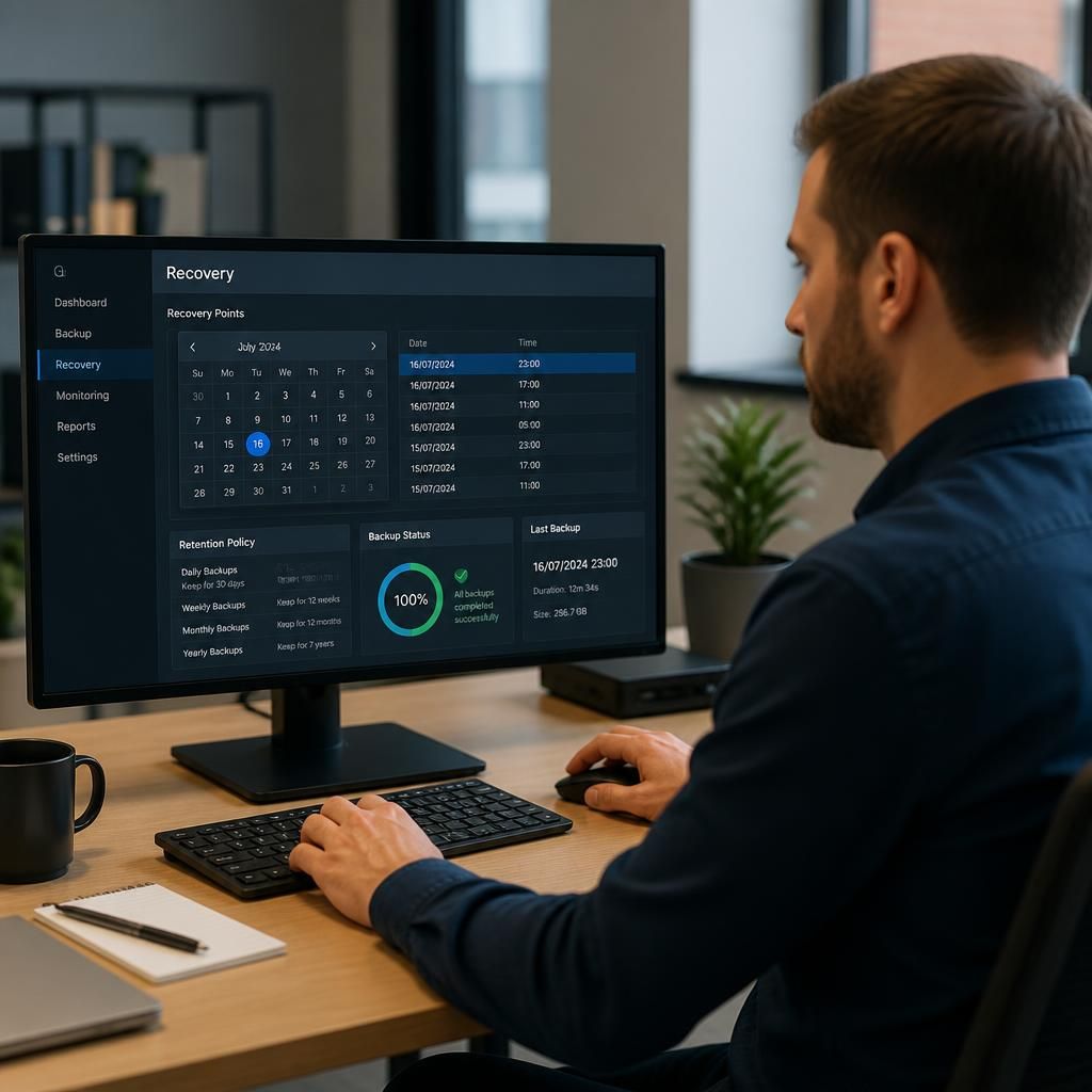 Backup administrator reviewing recovery settings on a computer monitor