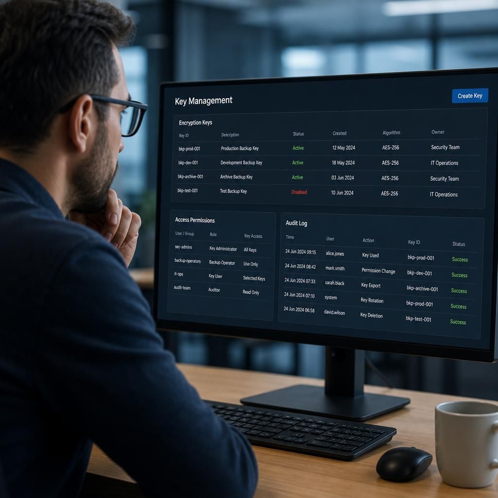 Backup encryption key management screen showing access permissions and audit logs