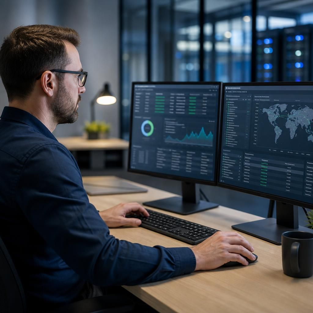 IT professional reviewing data management screens at a desk