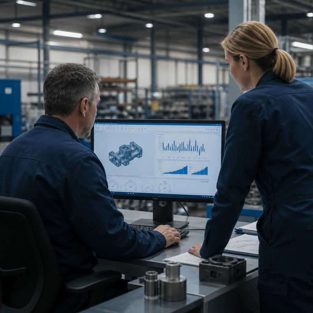 Manufacturing staff reviewing production information on a business computer