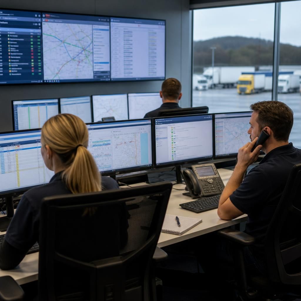 Logistics team monitoring transport and operational information on screens