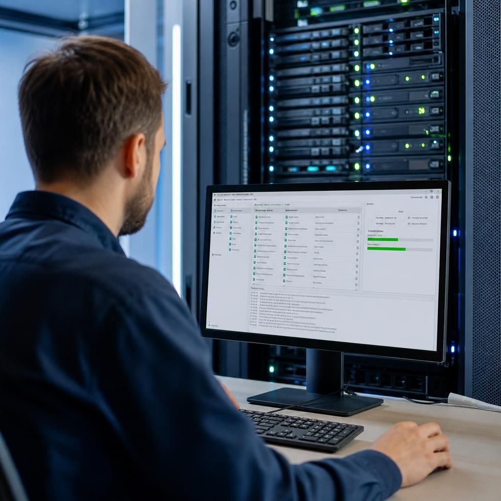 Technician reviewing an isolated server recovery environment on a monitor