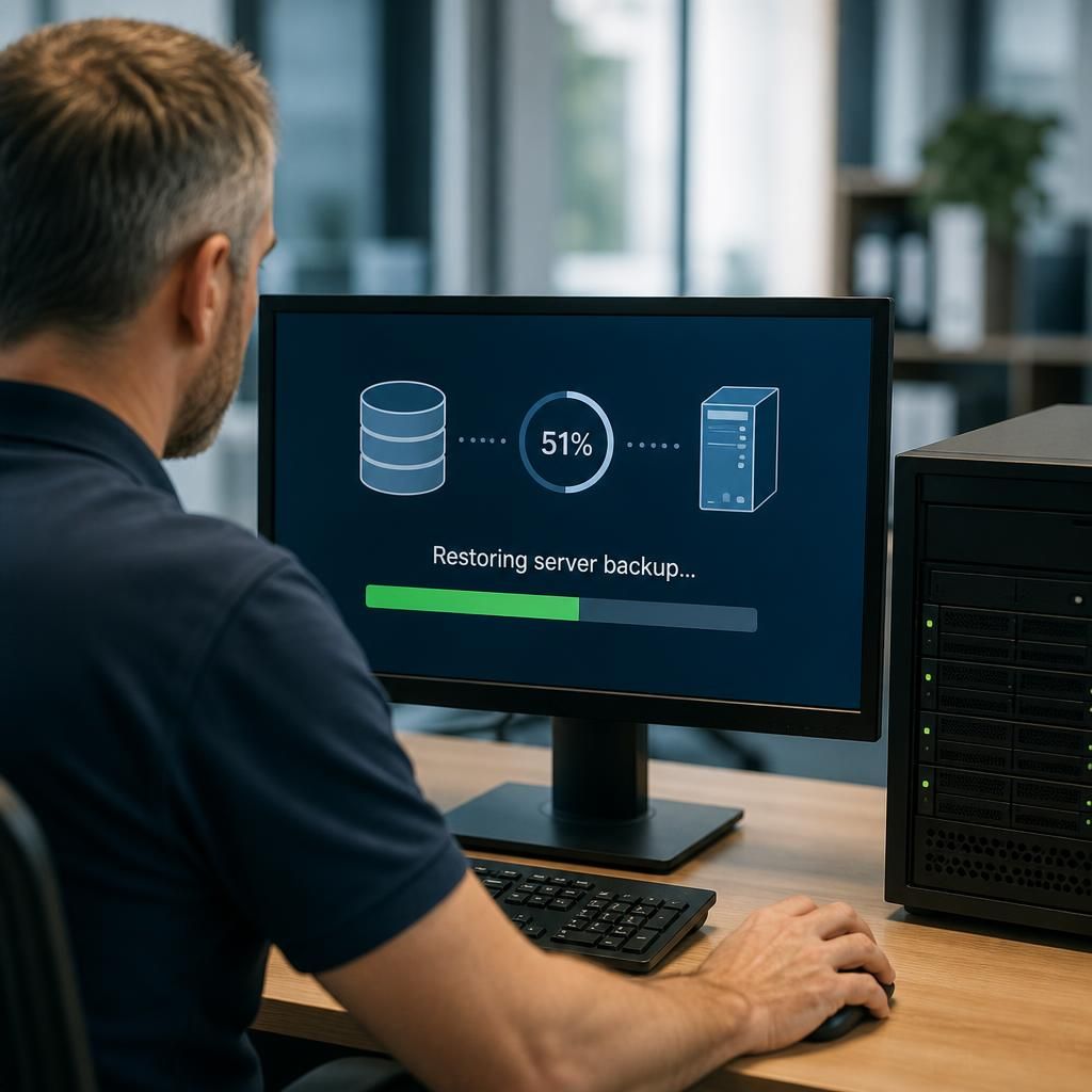 Computer screen showing a server backup being restored to replacement hardware