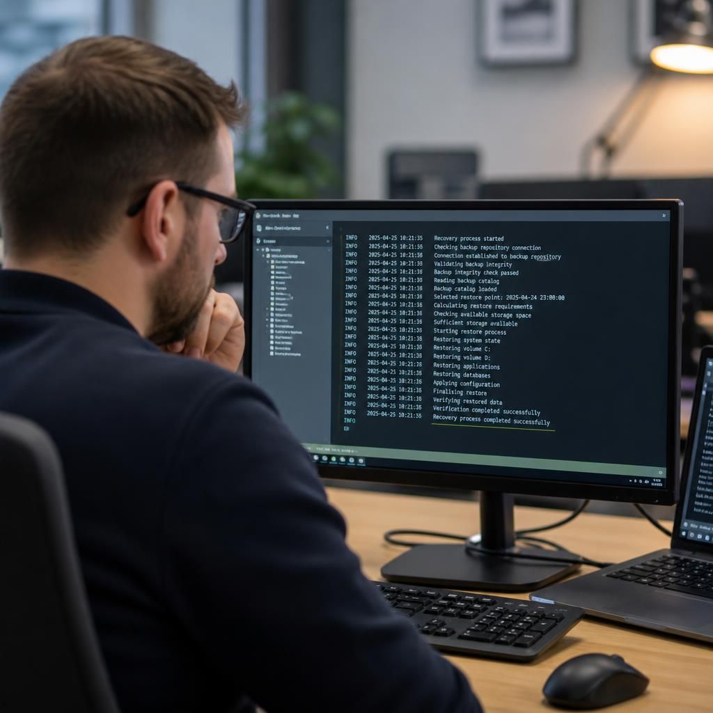 Technician reviewing a server backup restore log on a computer screen