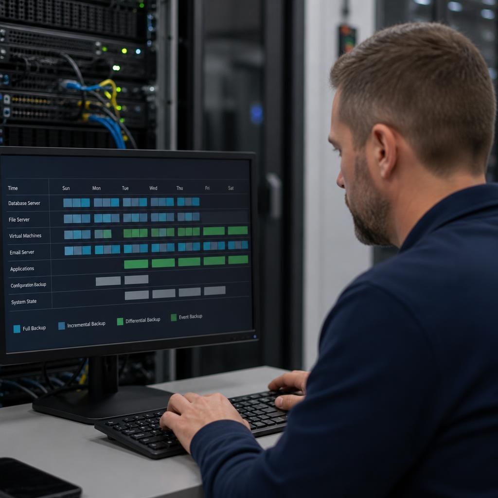 Technician reviewing a server backup schedule on a computer screen