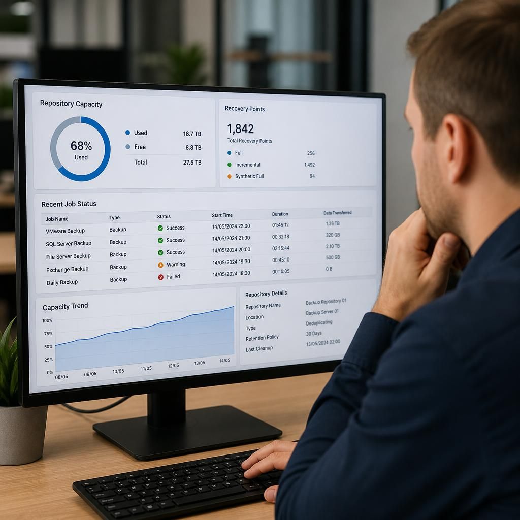 Backup repository dashboard showing storage capacity, recovery points and recent job status