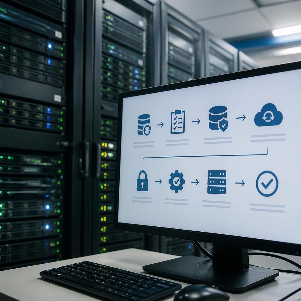 Server racks beside a monitor displaying backup recovery steps