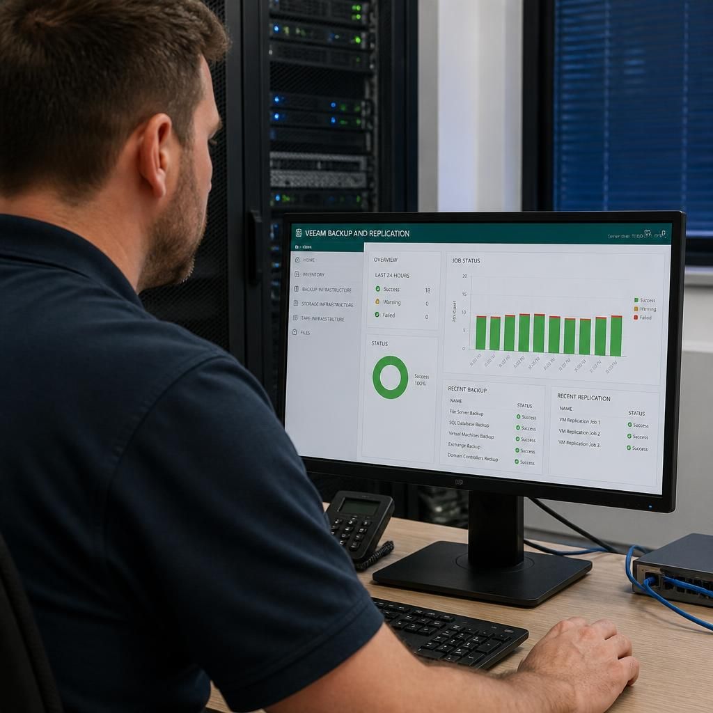 IT specialist reviewing server backup settings on a computer screen