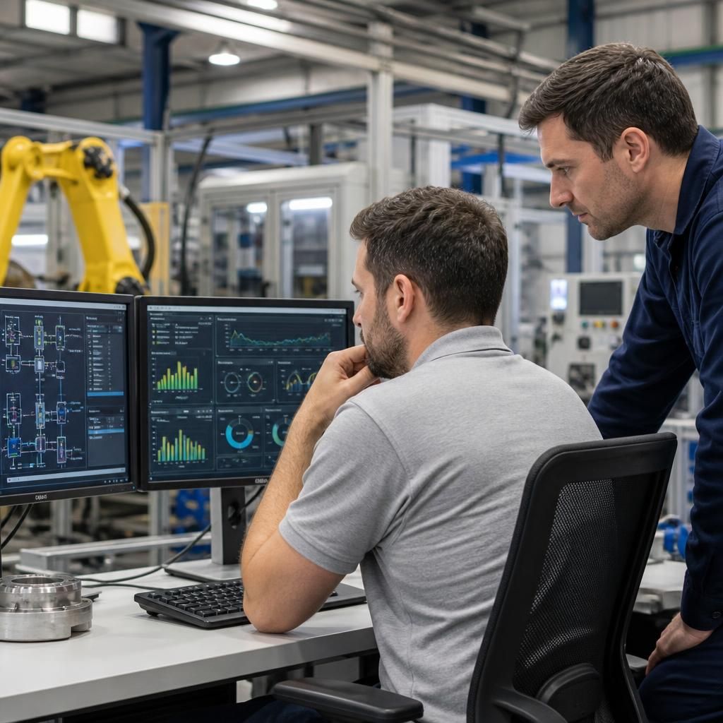 Manufacturing staff monitoring production systems and server backup processes
