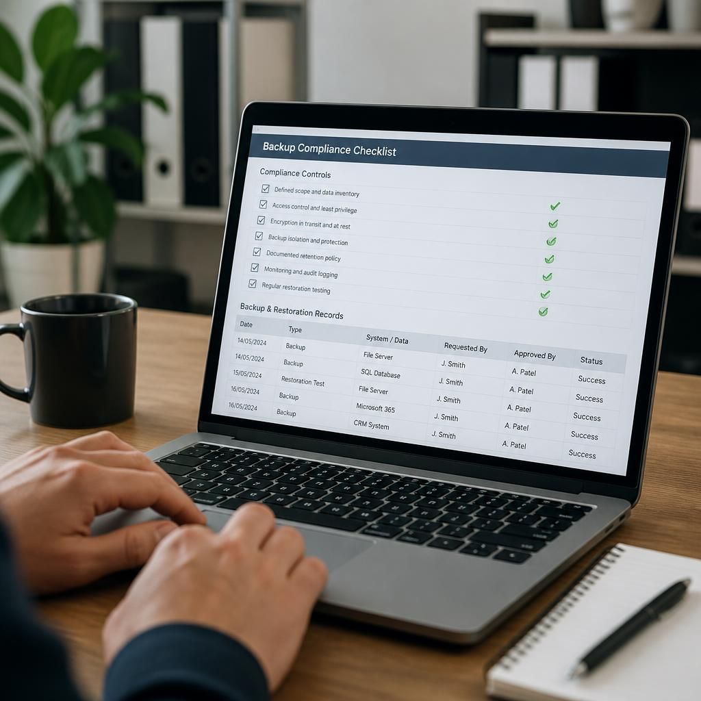 Laptop displaying a backup compliance checklist and data protection records