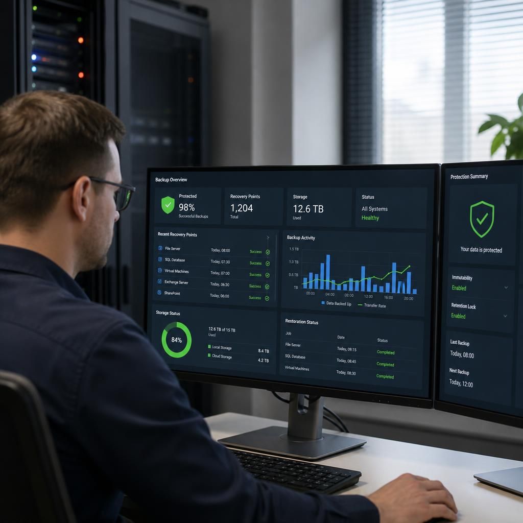 Backup server dashboard showing protected recovery points and restoration status
