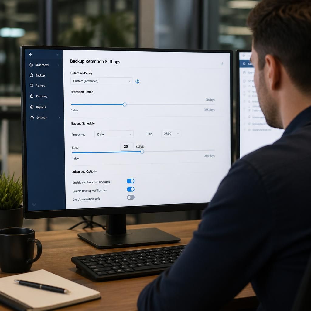 Technician reviewing backup retention settings on a computer screen