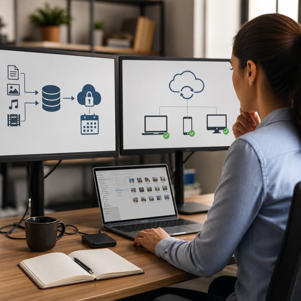 Diagram comparing separate backup copies with synchronised files across devices