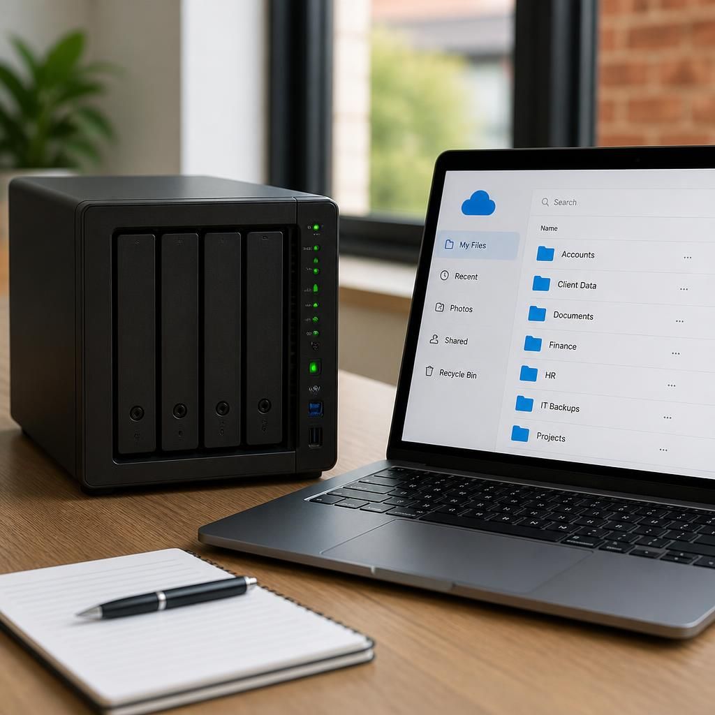 Local backup server beside a laptop displaying online storage folders