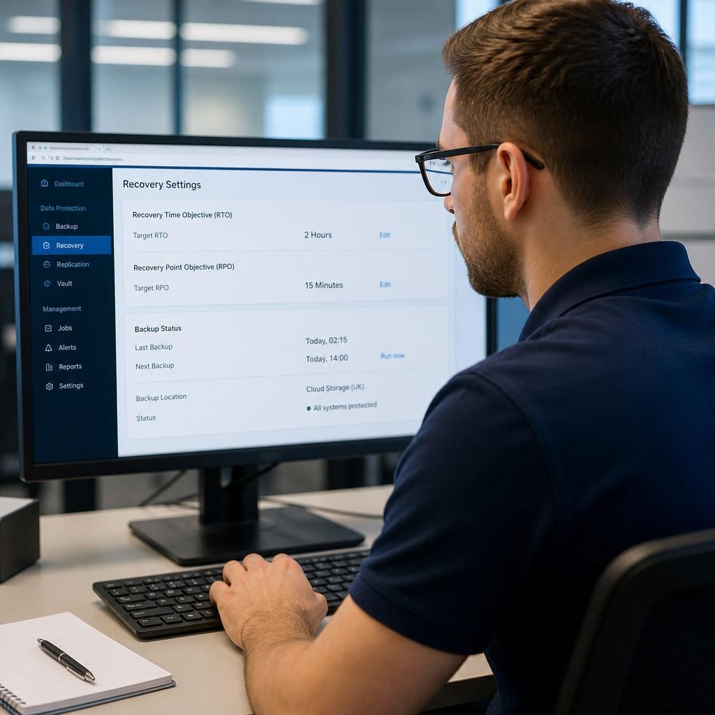 Technician reviewing backup recovery settings on a computer screen