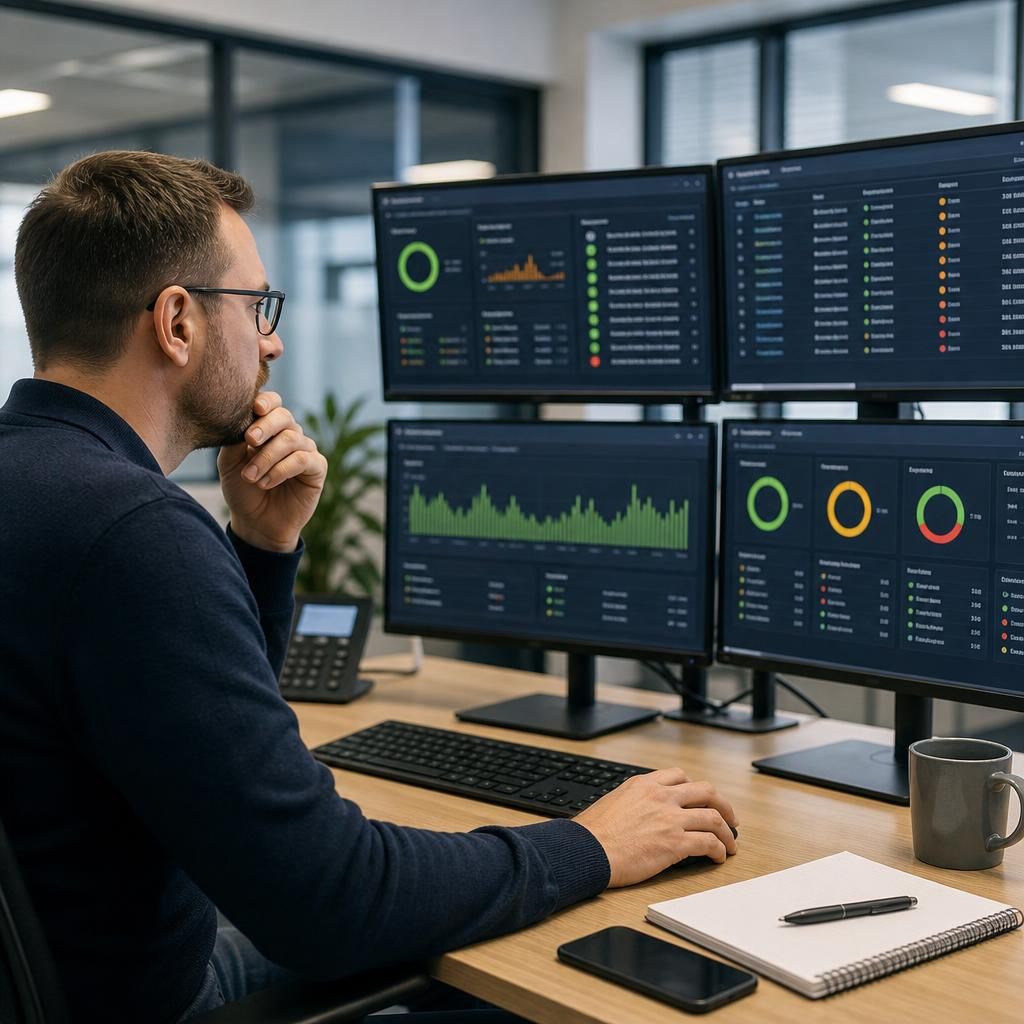 IT administrator reviewing backup status, recovery tests and storage alerts on a monitoring dashboard