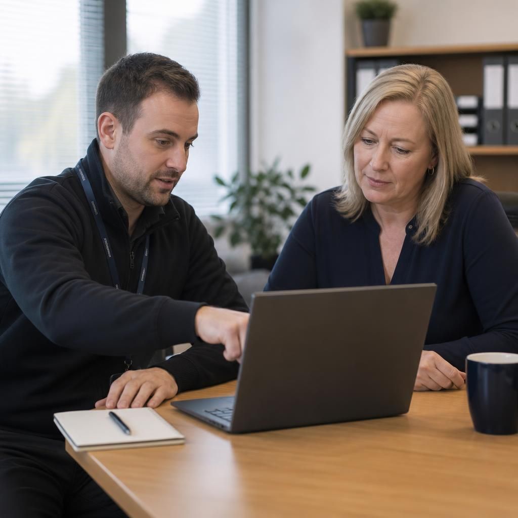 IT specialist discussing data protection with a small business owner at a desk