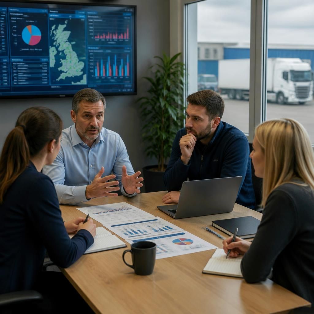 Business team reviewing logistics data backup requirements