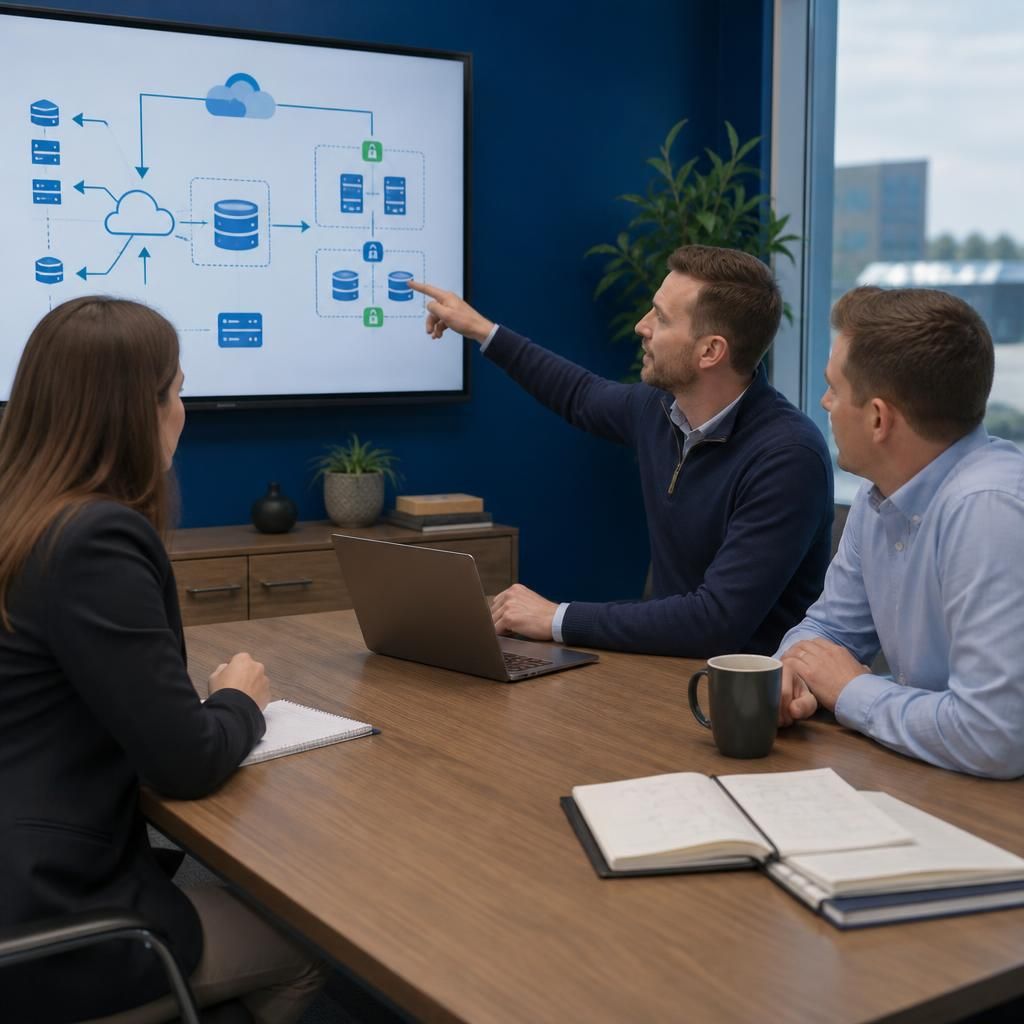IT consultant discussing backup architecture with a multi-site business team